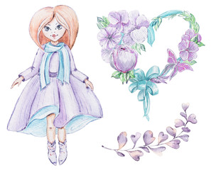 Watercolor cartoon cute fantasy girl illustration on white background. Perfect for baby print, kids room decor, pattern, fabric, textile design, wrapping paper, scrapbooking, poster, blog.