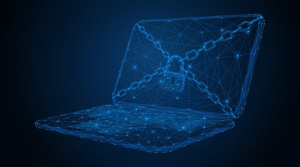 A low-poly laptop with a lock and chain on the monitor. The technological concept of protecting a computer or restricting access.