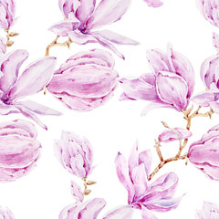 Seamless floral summer pattern with hand painted watercolor magnolia flowers on white background. Can be used for fabric, textile print, scrapbooking, packaging paper, wrapping paper
