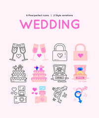 Wedding and love vector icon set. Outline and flat style