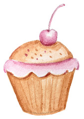Watercolor hand painted cartoon cupcake with cherry. Cute illustration for pattern, print, poster, textile, fabric, scrapbooking, greeting card