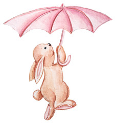 Rabbit flying on an umbrella on a white background. Can be used for pattern, poster, scrapbooking, fabric