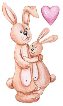 Cute lovely cartoon mother and baby rabbits with hearts on a white background. Watercolor Mother's day card, poster, greeting card
