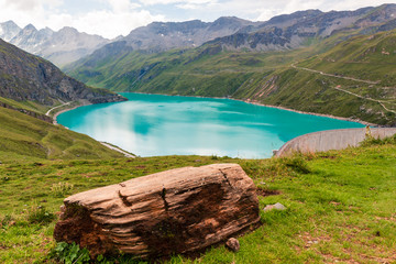 Spectacular view on the Lac de Moiry in the Pennine Alps on a cloudy summer day. Grimentz, Valais,...