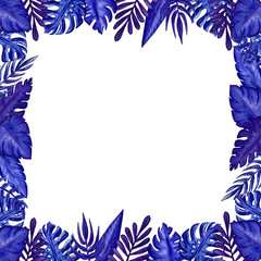 Fototapeta na wymiar Watercolor blue exotic leaves painting. Hand painted exotic leaves illustration for summer design.