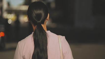 A brunet lady with long pony tail in sunny day backside on a blured background