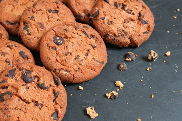 Chocolate chip cookies on white background.
