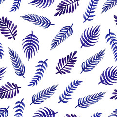 Fototapeta na wymiar Watercolor blue exotic leaves seamless pattern. Hand painted exotic leaves illustration for summer design.