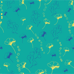 Vector seamless pattern ginko wax with blue ginkgo leaves, yellow dots