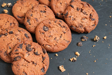 Chocolate chip cookies on white background.