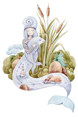 Watercolor hand painted fantasy mushroom, trees, house. Illustration isolated on white background. Can be used for patterns, design greeting cards for holiday, birthday, invitations, poster, print.