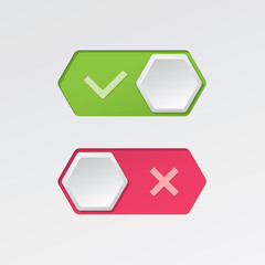 On and Off Hexagonal Toggle Switch Buttons with Check Marks Modern Devices User Interface Mockup or Template - Green and Red on White Background - Gradient Graphic  Design