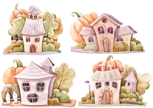 Watercolor hand painted cute houses clipart on white background. Lovely illustration for stickers, print, pattern, greeting cards, invitations. Halloween houses, pumpkins, trees