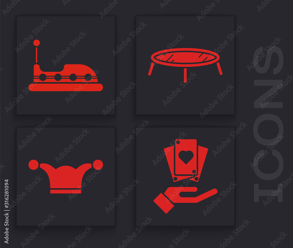 Poster Set Hand holding playing cards, Bumper car, Jumping trampoline and Jester hat with bells icon. Vector