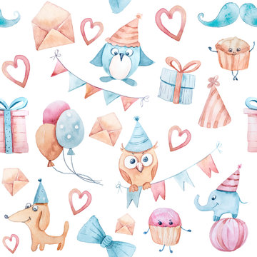 Watercolor hand painted birthday seamless pattern on white background. Penguin, dog, elephant, present box , star, fish, cup cake, owl, heart collection