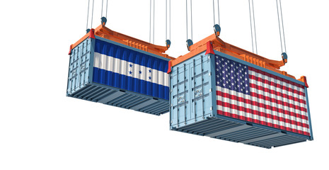 Freight container with Honduras and USA flag - isolated on white. 3D Rendering