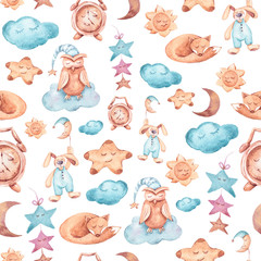 Watercolor hand painted cute clipart of dreaming bunny, owl, fox. Seamless pattern for fabric, babys wallpaper, textile pattern, scrapbooking. Lovely illustration on white background.