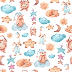 Tuinposter Slapende dieren Aquarel handgeschilderde schattige clipart van dromen konijn, uil, vos. Naadloos patroon voor stof, babysbehang, textielpatroon, scrapbooking. Mooie illustratie op witte achtergrond.