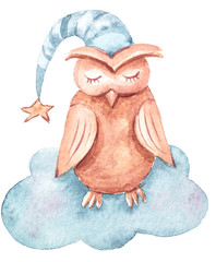 Watercolor hand painted cute dreaming owl on a cloud. Lovely illustration on white background.