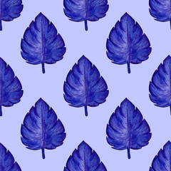Watercolor blue exotic leaves seamless pattern. Hand painted exotic leaves illustration for summer design.