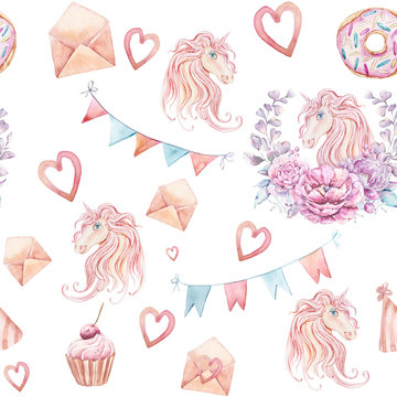 Watercolor hand painted birthday seamless pattern on white background. Penguin, unicorn, dog, elephant, present box , star, fish, cup cake, owl, heart collection