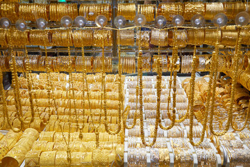 Dubai gold souk market window with jewellery, necklaces, bracelets and luxury accessories