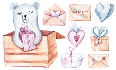 Cute watercolor hand painted set with white bears, balloons, hearts, gift boxes, flag garland, envelopes, flower on white background. Perfect for valentine's day card, print, wedding invitation