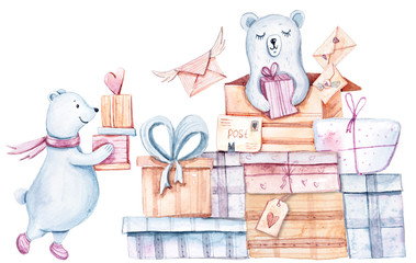 Cute watercolor hand painted set with white bears, balloons, hearts, gift boxes, flag garland, envelopes, flower on white background. Perfect for valentine's day card, print, wedding invitation