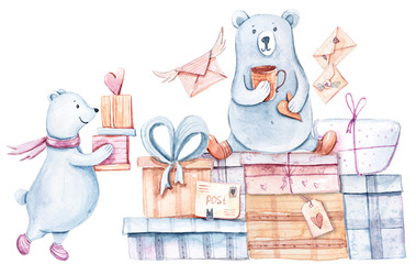 Cute watercolor hand painted set with white bears, balloons, hearts, gift boxes, flag garland, envelopes, flower on white background. Perfect for valentine's day card, print, wedding invitation