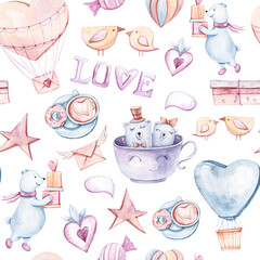 Cute watercolor hand painted set with white bears, balloons, hearts, gift boxes, flag garland, envelopes on white background. Perfect for valentine's day card, print, invitation. Seamless pattern.