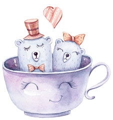 Cute watercolor hand painted  white bears in love on white background. Perfect for valentine's day card, print, wedding invitation