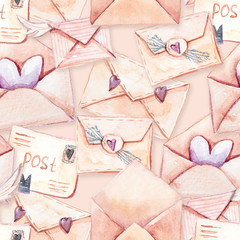 Watercolor seamless pattern with different types of envelopes. Illustration on beige background. Perfect for scrapbooking, valentines day decoration, wrapping paper, wedding decor, greeting cards