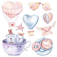 Cute watercolor hand painted set with white bears, balloons, hearts, birds, envelopes, coffee on white background. Perfect for valentine's day card, print, wedding invitation