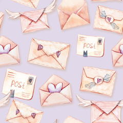 Watercolor seamless pattern with different types of envelopes. Illustration on lilac background. Perfect for scrapbooking, valentines day decoration, wrapping paper, wedding decor, greeting cards