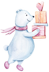 Cute watercolor hand painted cartoon white bear with  gift boxes on white background. Perfect for valentine's day card, print, wedding invitation