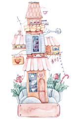 Aquarel cartoon schattig fantasie koffiehuis. Mooie illustratie op witte achtergrond. Perfect voor babyprint, kinderkamerinrichting, patroon, stof, textielontwerp, inpakpapier, scrapbooking