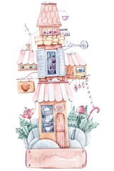 Fotobehang Fantasie huisjes Aquarel cartoon schattig fantasie koffiehuis. Mooie illustratie op witte achtergrond. Perfect voor babyprint, kinderkamerinrichting, patroon, stof, textielontwerp, inpakpapier, scrapbooking
