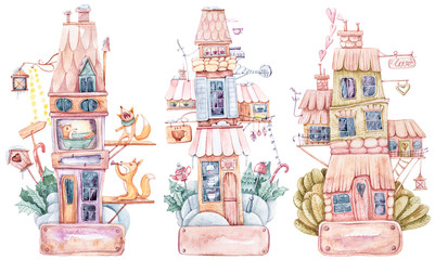 Aquarel cartoon schattige fantasie huizen set. Mooie illustratie op witte achtergrond. Perfect voor babyprint, kinderkamerinrichting, patroon, stof, textielontwerp, inpakpapier, scrapbooking