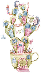 Cute watercolor cartoon illustration on white background. Lovely hedgehogs and fantasy cactus houses. Children illustration for baby room, sticker. pattern, print, fabric, textile design