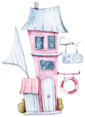 Fotobehang Fantasie huisjes Aquarel cartoon schattig fantasie huis. Mooie illustratie op witte achtergrond. Perfect voor babyprint, kinderkamerinrichting, patroon, stof, textielontwerp, inpakpapier, scrapbooking