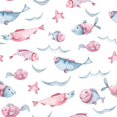 Obraz premium Watercolor hand painted sea life illustration. Seamless pattern on white background. Whale, fish, wave collection. Perfect for textile design, fabric, wrapping paper, scrapbooking