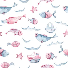Tapeten Meereswellen Aquarell handgemalte Leben im Meer Illustration. Nahtloses Muster auf weißem Hintergrund. Wal, Fisch, Wellensammlung. Perfekt für Textildesign, Stoff, Geschenkpapier, Scrapbooking