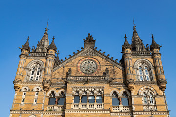 Fototapeta na wymiar Close- up veiw of Chhatrapati Shivaji Terminus formerly Victoria Terminus in Mumbai, India is a UNESCO World Heritage Site and historic railway station which serves as the headquarters of the Central 