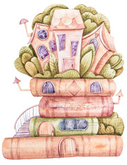 Aquarel cartoon schattig fantasie huis op een boek. Mooie illustratie op witte achtergrond. Perfect voor babyprint, kinderkamerinrichting, patroon, stof, textielontwerp, inpakpapier, scrapbooking