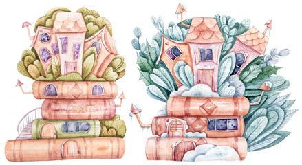 Aquarel cartoon schattige fantasie huizen op een boek. Mooie illustratie op witte achtergrond. Perfect voor babyprint, kinderkamerinrichting, patroon, stof, textielontwerp, inpakpapier, scrapbooking