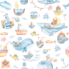 Watercolor hand painted sea life illustration. Seamless pattern on white background. Whale, fish, wave collection. Perfect for textile design, fabric, wrapping paper, scrapbooking