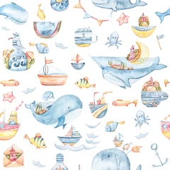 Wallpaper murals Sea waves Watercolor hand painted sea life illustration. Seamless pattern on white background. Whale, fish, wave collection. Perfect for textile design, fabric, wrapping paper, scrapbooking