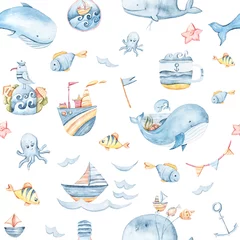 Behang Aquarel handgeschilderde zee leven illustratie. Naadloze patroon op witte achtergrond. Walvis, vis, golfcollectie. Perfect voor textielontwerp, stof, inpakpapier, scrapbooking © Tiana_Geo