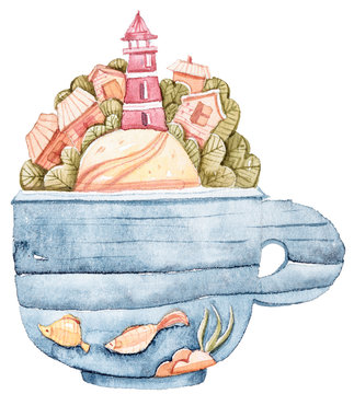 Watercolor hand painted cup of sea. Cute illustration on white background. Fantasy sea life. Can be used for pattern, print, greeting card, wedding beach decoration, blog