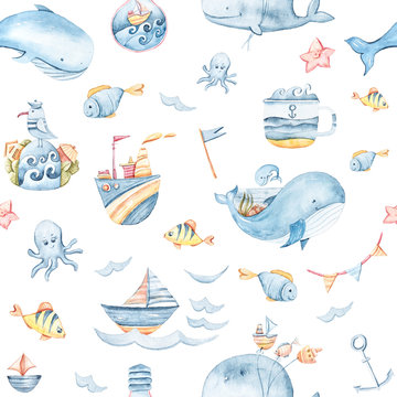 Watercolor hand painted sea life illustration. Seamless pattern on white background. Whale, fish, wave collection. Perfect for textile design, fabric, wrapping paper, scrapbooking